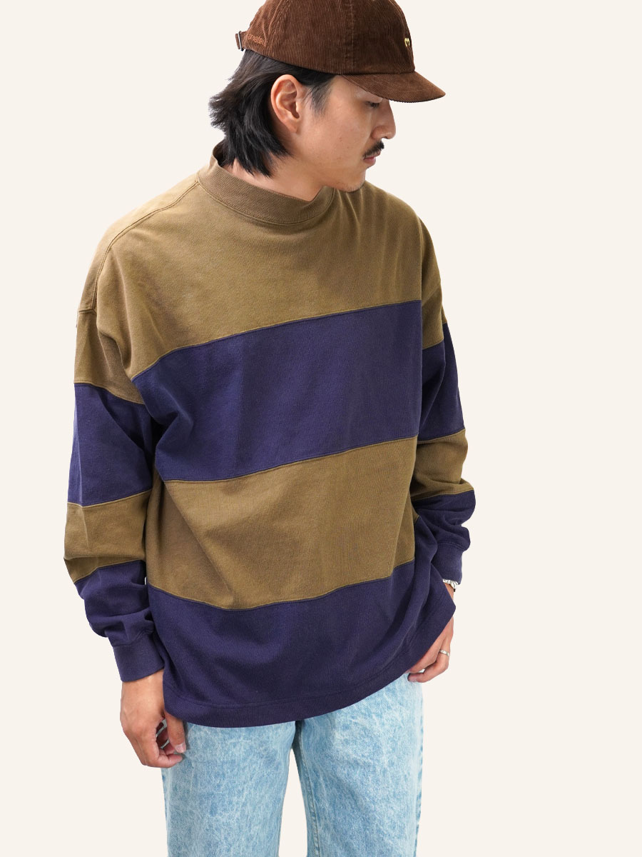 90's OLD GAP 100%コットン モックネック ロングスリーブTシャツ 表記(M) オリーブ×ネイビー