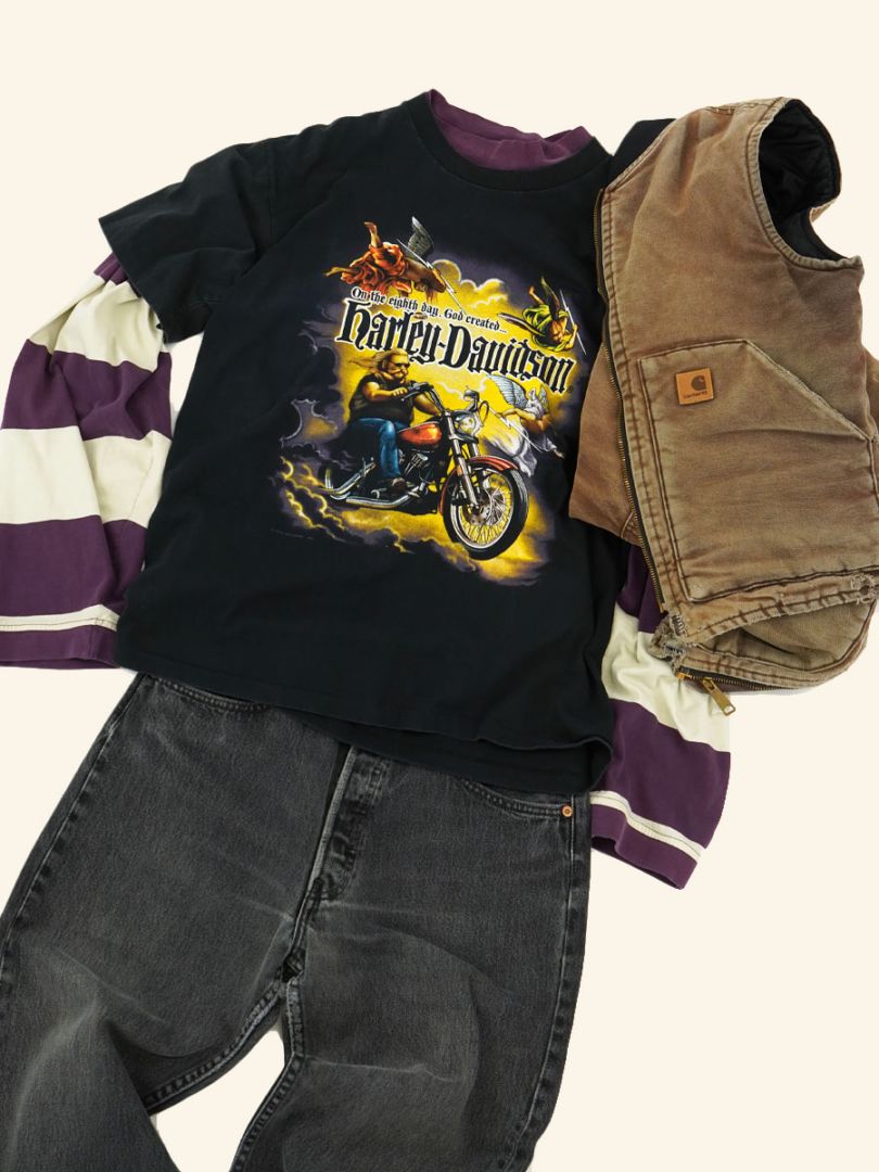 90's H-D ハーレーダヴィッドソン ''On the eigth day, God created...'' 両面プリント Tシャツ 表記(M) 堕天使