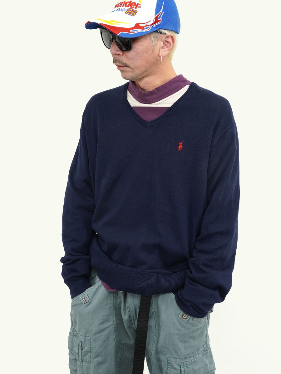 ラルフローレン ポニーマーク ワンポイント コットン×シルク×カシミア Vネックニット 表記(XL)