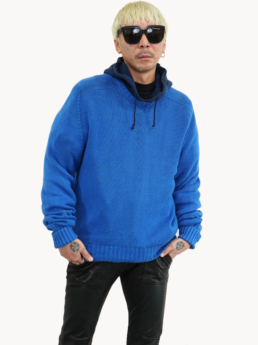 80's L.L.BEAN 100%コットン サドルショルダーニット 無地ブルー 表記(L) USA製