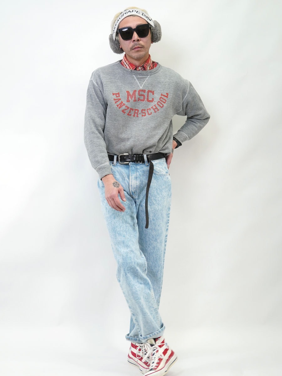 50's RUSSELL 前V ''M.S.C. PANZER SCHOOL'' プリント セットインスリーブスウェット グレー 表記(L) USA製