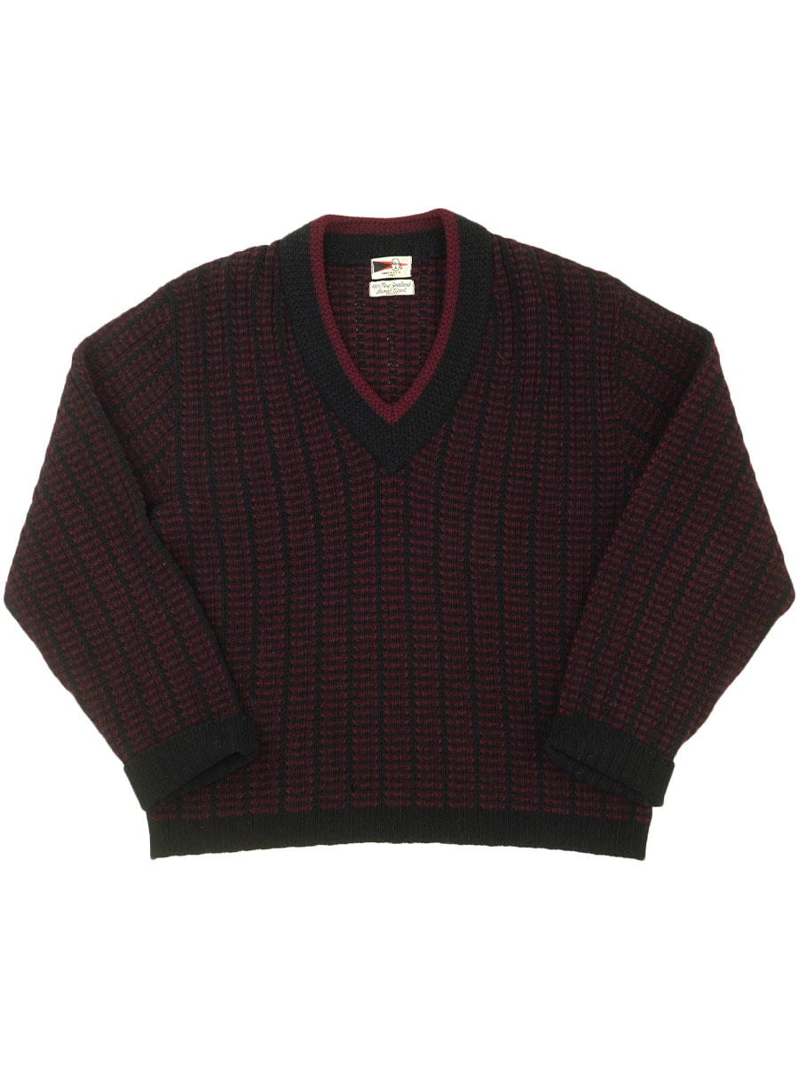 60's Allen A 100%ラムウール Vネックニットセーター レッドxブラック 表記(M)