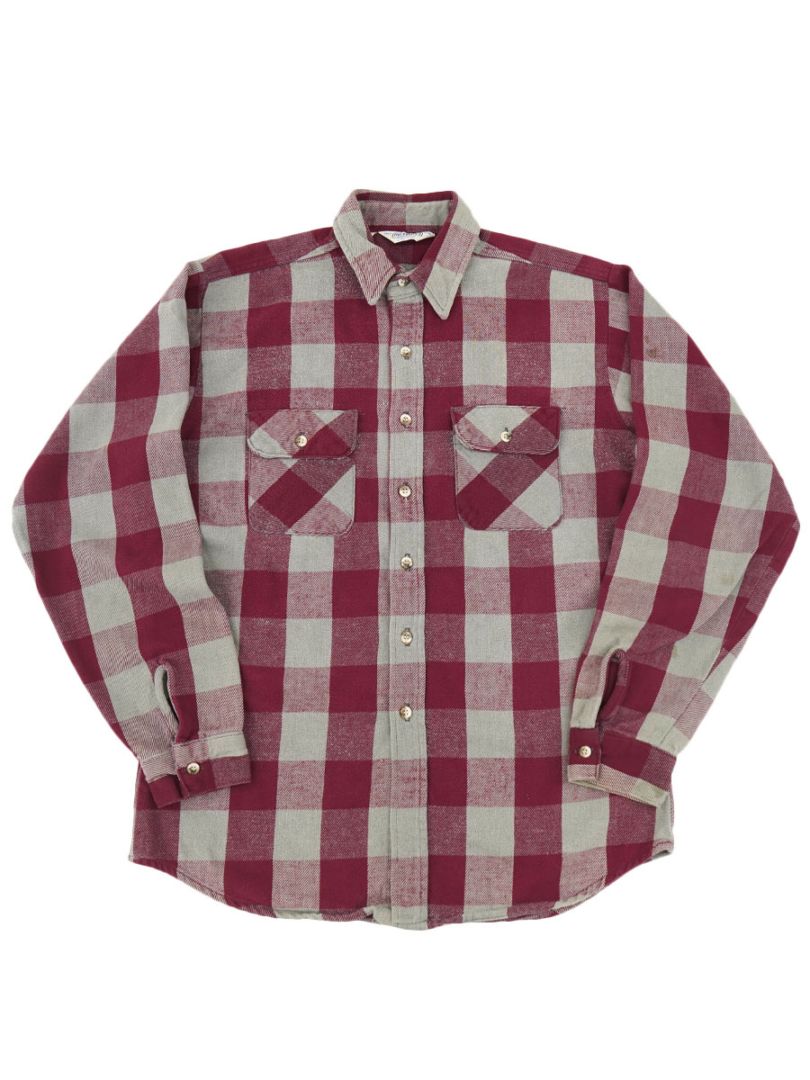 70's FIVEBROTHER 灰×エンジ ブロックチェック フランネルシャツ 表記(TALLMAN L)