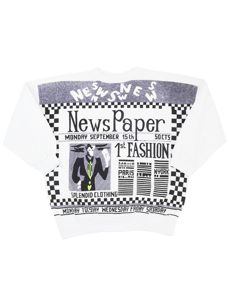 80'S～ FLIRT SPORTS ''NEWS PAPER'' OVER PRINT！ SWEAT SHIRT WHITE (SIZE.ONE SIZE) MADE IN USA