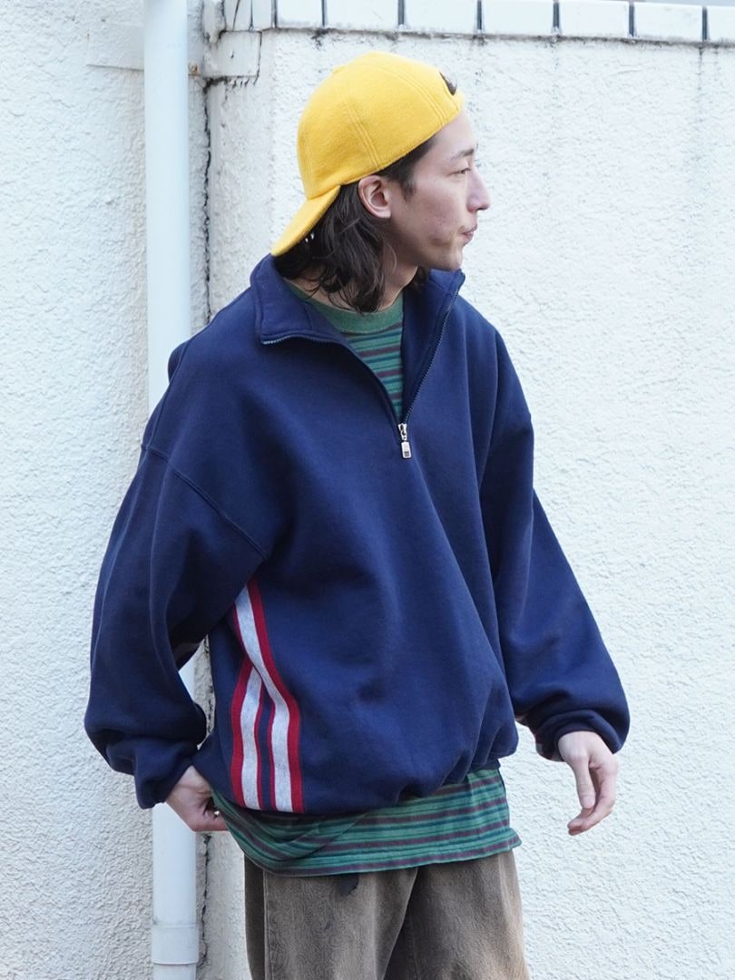 90'S RUSSELL ATHLETIC HALF ZIP SWEAT SHIRT NAVY (SIZE. X LARGE) MADE IN USA