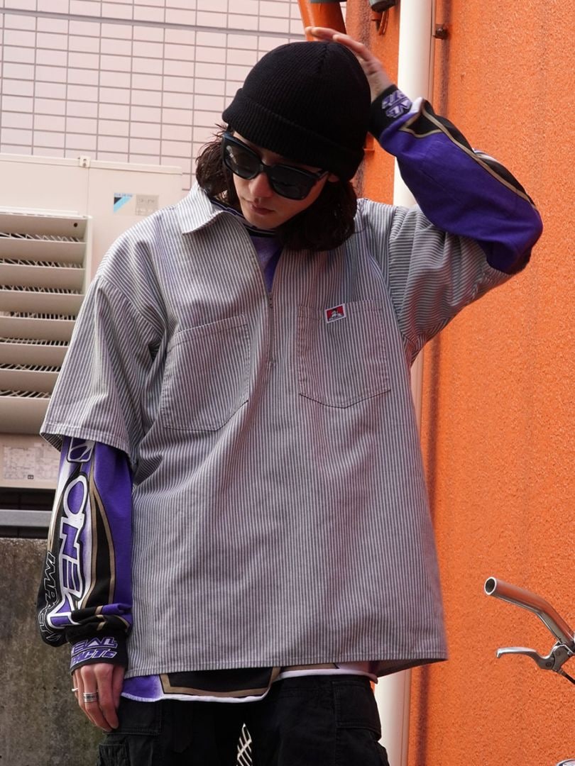 BEN DAVIS HALF ZIP S/S SHIRT GRAY STRIPE (SIZE. X LARGE) MADE IN