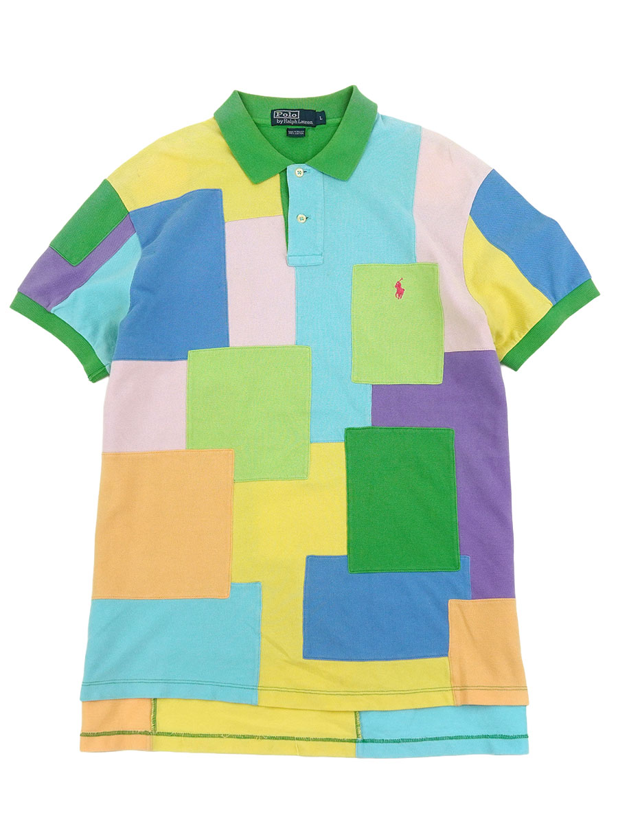 RALPH LAUREN 100％ COTTON PATCH WORK！ POLO S/S SHIRT (SIZE.LARGE)