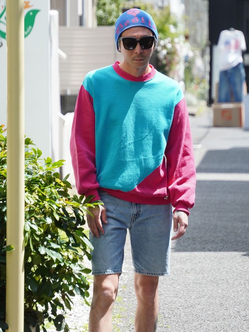 90'S RUSSELL ATHLETIC SWEAT SHIRT PINK×BLUE 2TONE (SIZE. LARGE) MADE IN USA