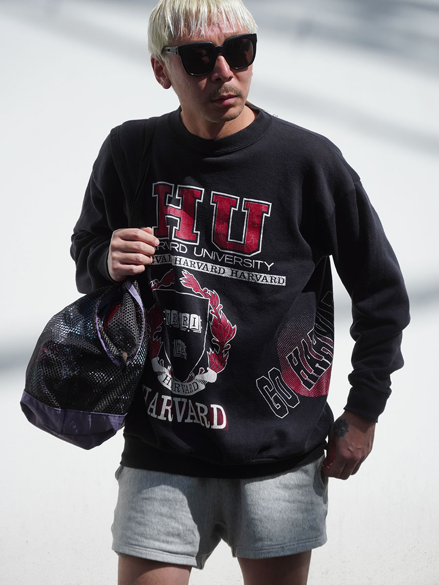 90'S TRUE-FAN ''HARVARD'' MULTI PRINT CREW NECK SWEAT SHIRT BLK (SIZE. X LARGE) MADE IN USA