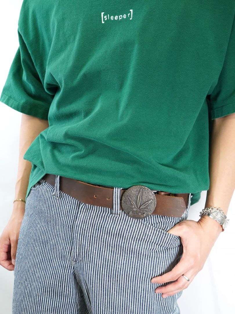 OLD LEATHER BELT WITH CANNABIS BUCKLE BROWN (SIZE. MEDIUM)