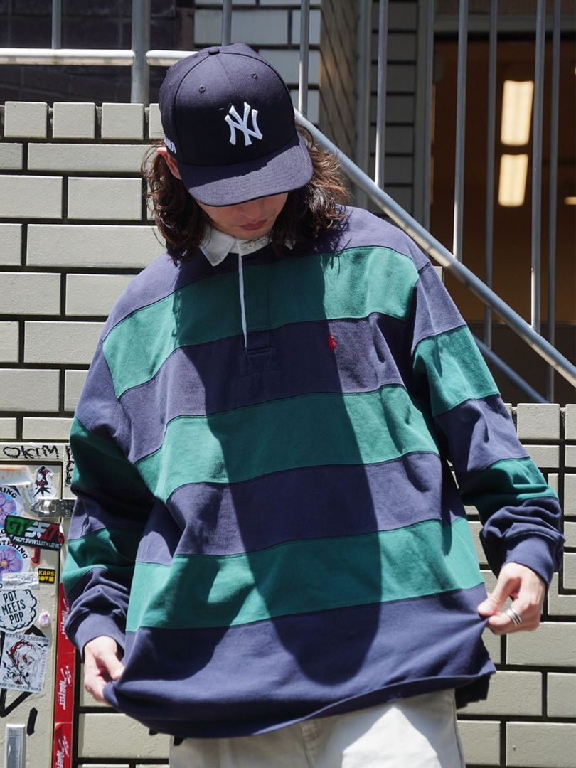 RALPH LAUREN BORDER RUGGER SHIRT GREEN/NAVY (SIZE.LARGE)