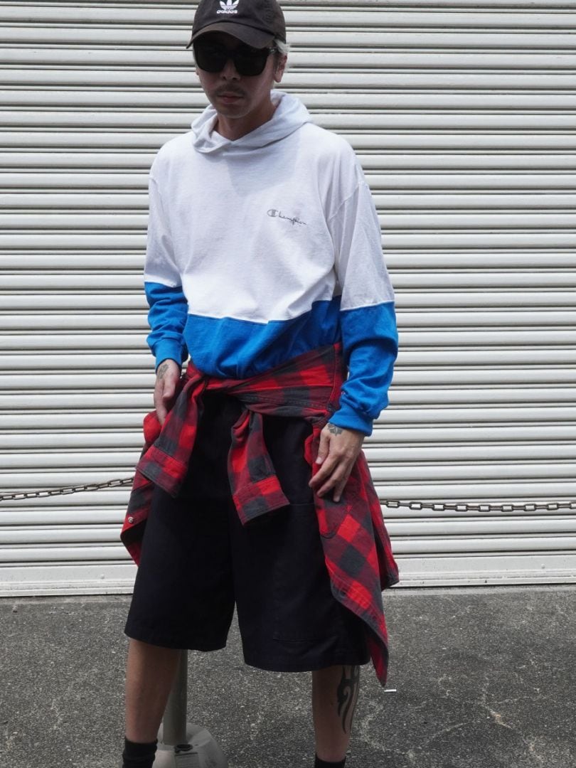 90'S CHAMPION HOODED L/S SHIRT WHITE/BLUE (SIZE.LARGE) MADE IN USA