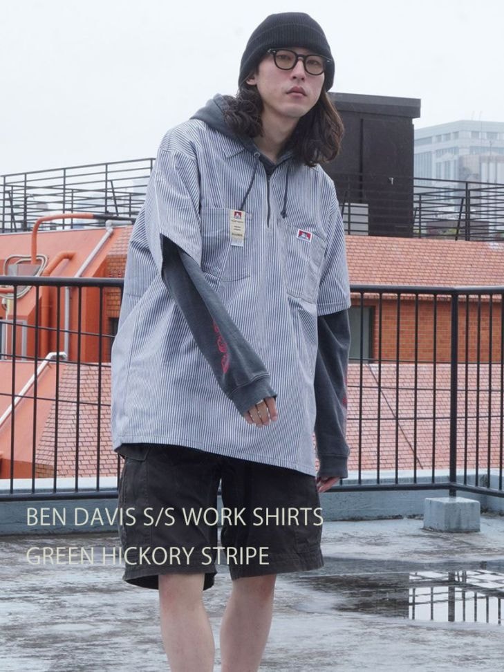 BEN DAVIS HALF ZIP S/S シャツ グリーンストライプ 表記(XL) 未使用