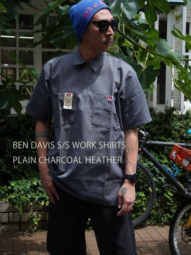 BEN DAVIS HALF ZIP S/S シャツ チャコールヘザー 表記(L) USA製 未使用