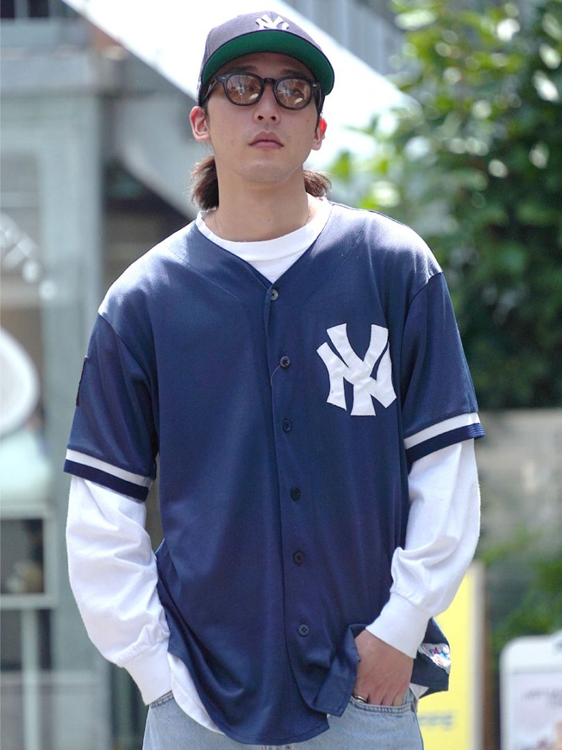 ✨美品✨NBベースボールシャツXL IU着用 9番ネイビー XL 90's GENUINE MERCHANDISE BY Majestic ''New York Yankees'' 100
