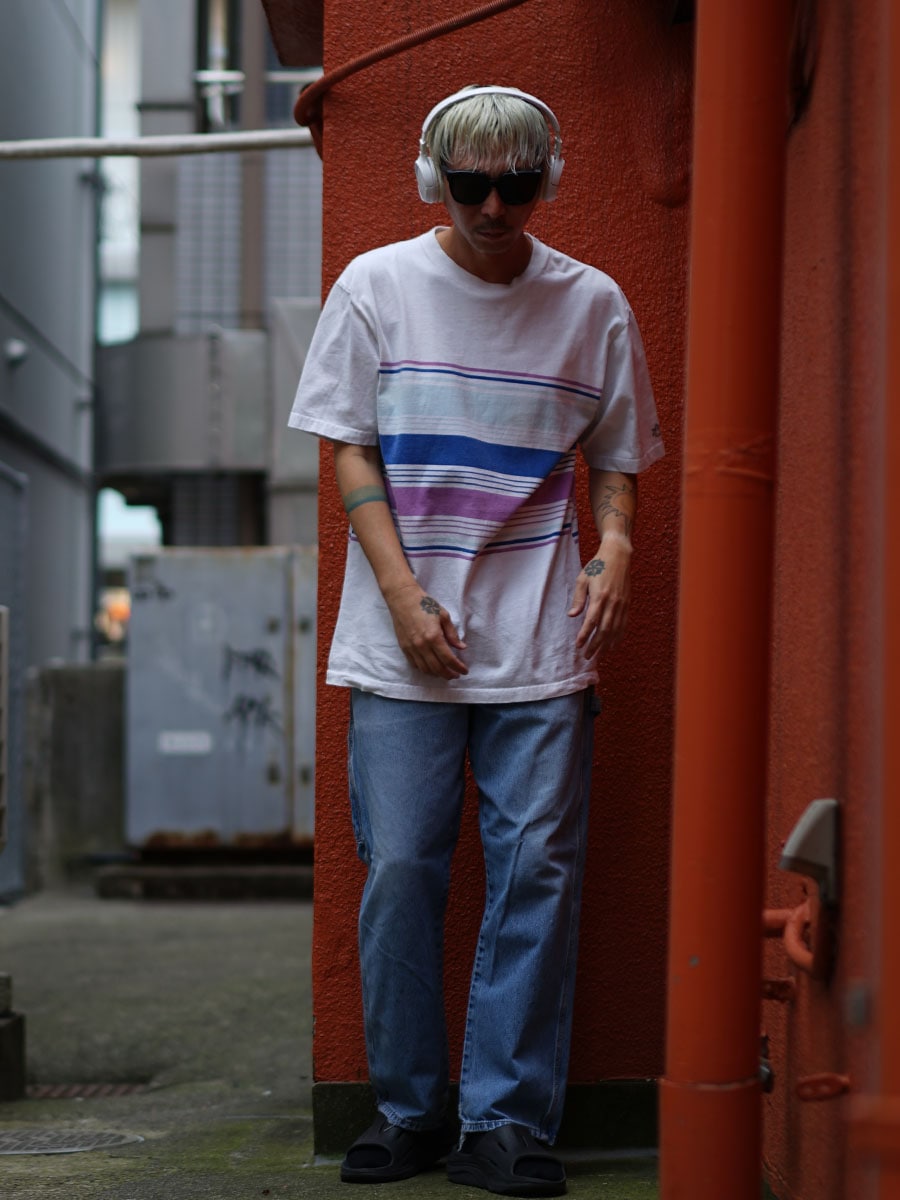 90's STUSSY ランダムボーダー 袖ロゴプリント入り Tシャツ ホワイト 表記(XL) USA製