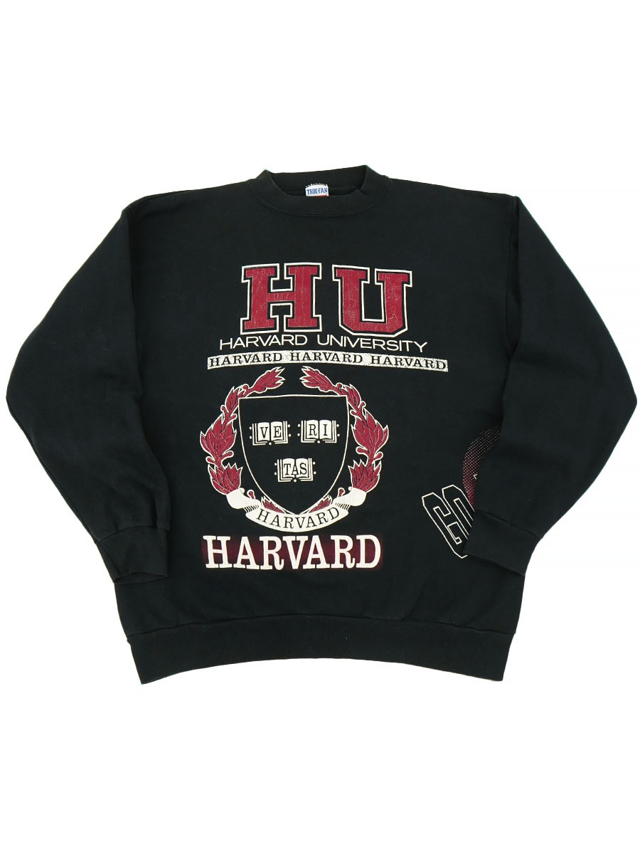 90'S TRUE-FAN ''HARVARD'' MULTI PRINT CREW NECK SWEAT SHIRT BLK (SIZE. X LARGE) MADE IN USA