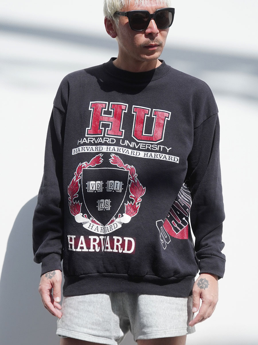 90'S TRUE-FAN ''HARVARD'' MULTI PRINT CREW NECK SWEAT SHIRT BLK (SIZE. X LARGE) MADE IN USA