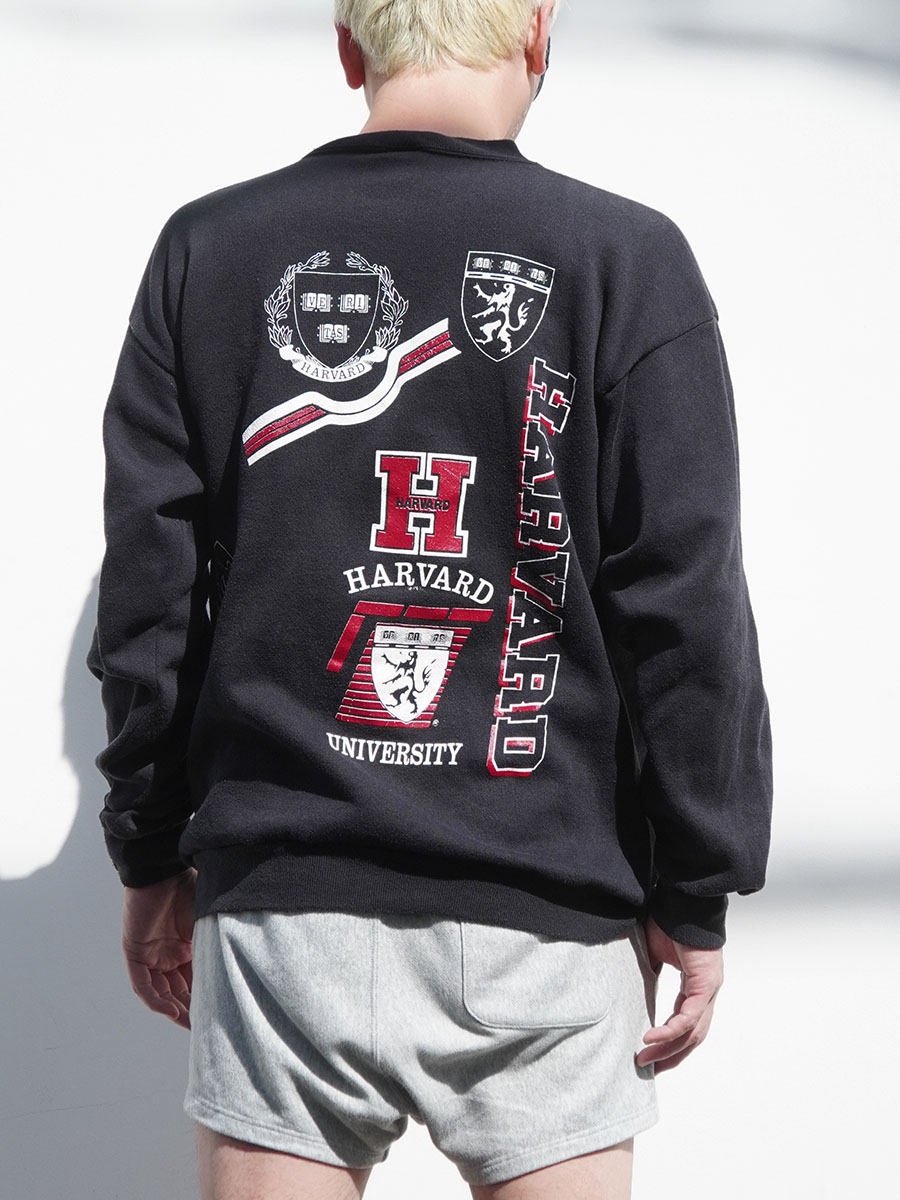 90'S TRUE-FAN ''HARVARD'' MULTI PRINT CREW NECK SWEAT SHIRT BLK (SIZE. X LARGE) MADE IN USA