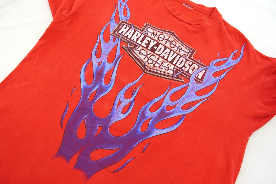 90's ハーレーダヴィッドソン ブルーフレイム ロングスリーブTシャツ 実寸(L位) ロッキーマウンテンスカル