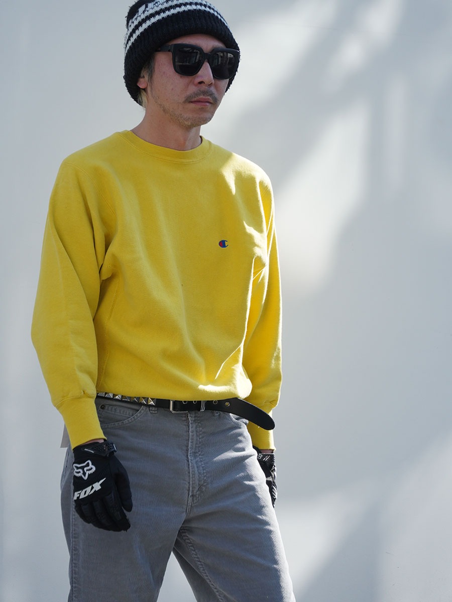 90's 刺繍タグ チャンピオンRW 無地 レアカラー レモンイエロー！ 表記(L) USA製