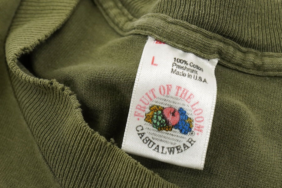 90's FRUIT OF THE LOOM 無地 ポケット付きTシャツ オリーブグリーン 表記(L) USA製