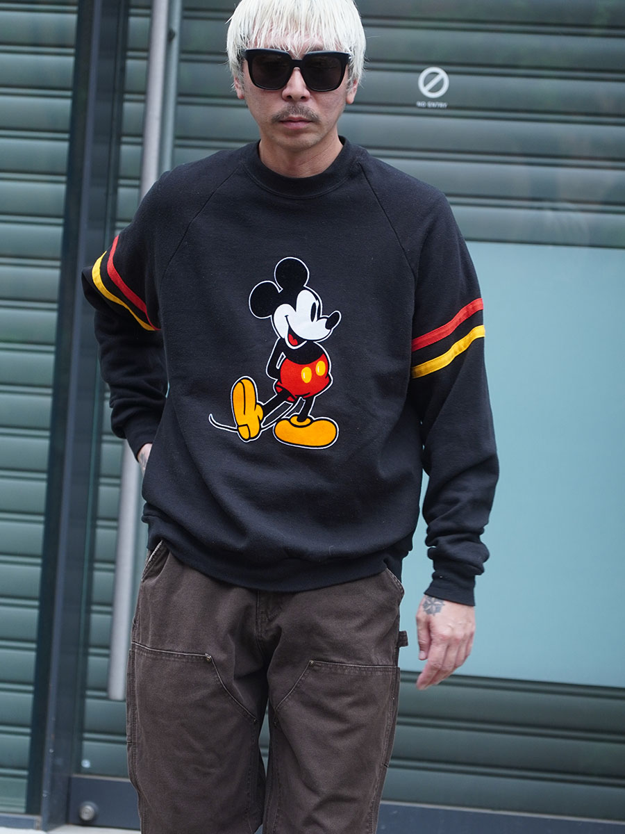 80's Disney ミッキーマウス フェルトプリント 袖ライン スウェット 表記(ONE SIZE FITS ALL) USA製