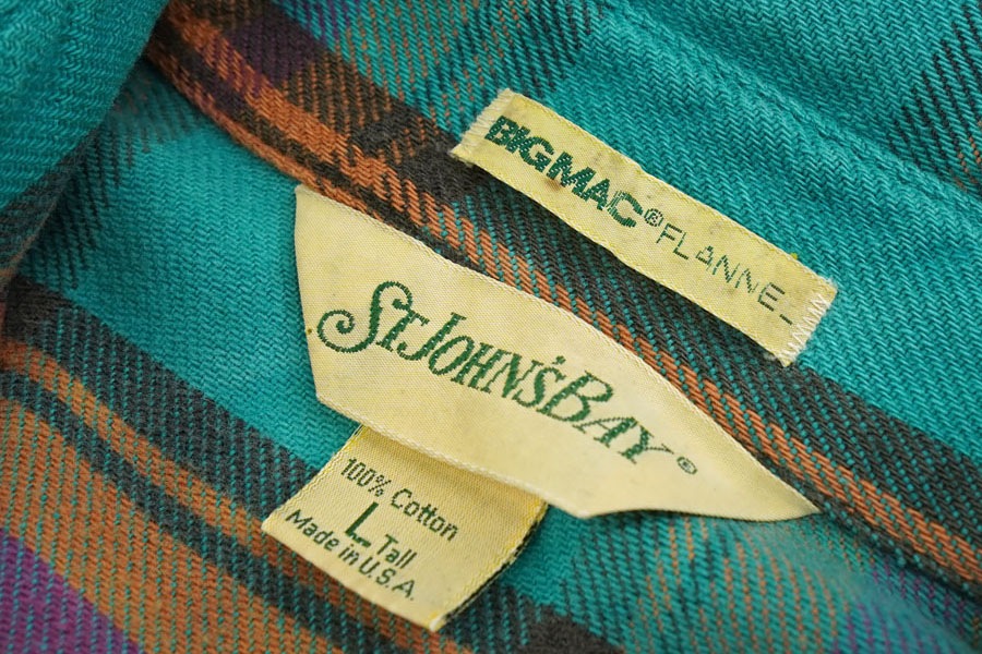 80's St.JOHN'S BAY ターコイズベースチェック フランネルシャツ 表記(L TALL) USA製