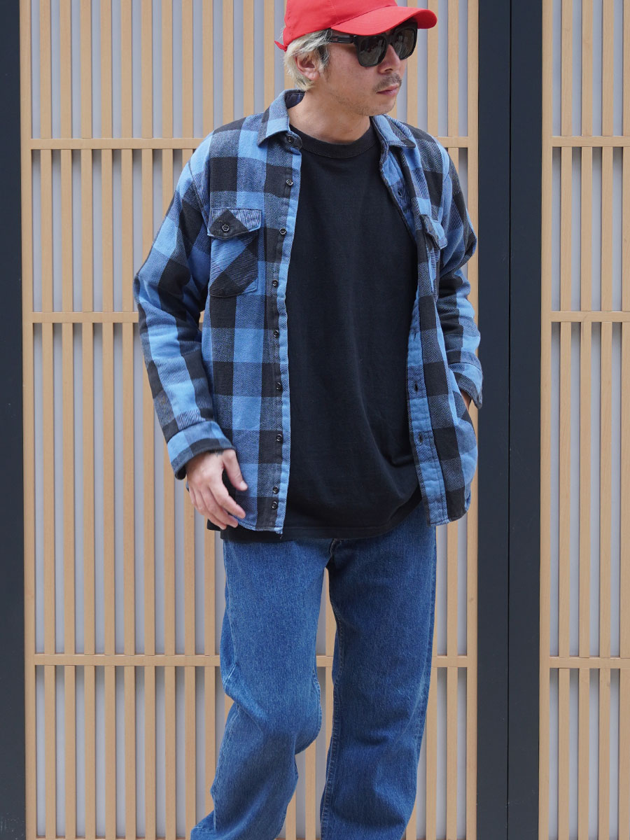 80's FIELD & STREAM 青黒ブロックチェック フランネルシャツ 実寸(M位)