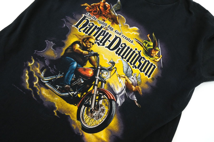 90's H-D ハーレーダヴィッドソン ''On the eigth day, God created...'' 両面プリント Tシャツ 表記(M) 堕天使