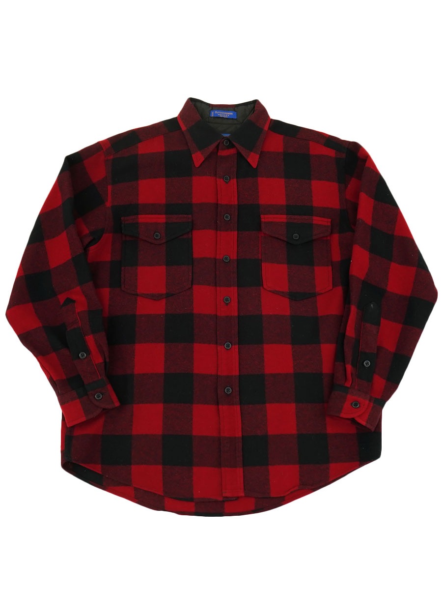 USA製 ペンドルトン OUTDOORSMAN 赤黒ブロックチェック ラウンド型 ウールシャツ 表記(M)