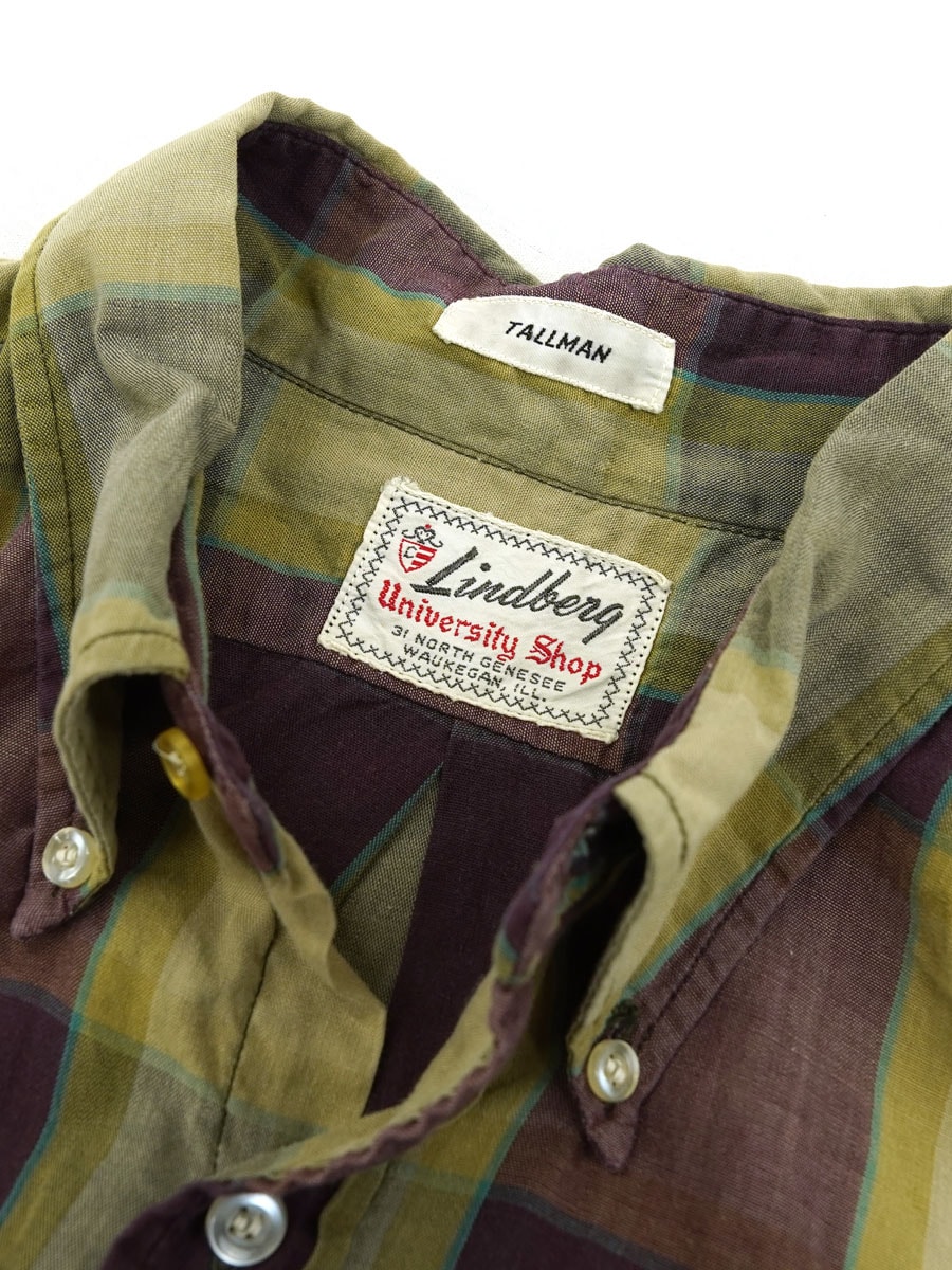 60's Lindberq 3点留め トーンオントーンチェック ボタンダウンシャツ 実寸(M位)