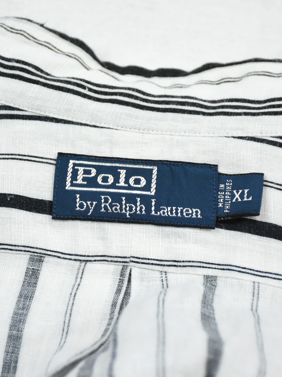 ラルフローレン 100%リネン 白黒ランダムストライプ ロングスリーブシャツ 表記(XL)