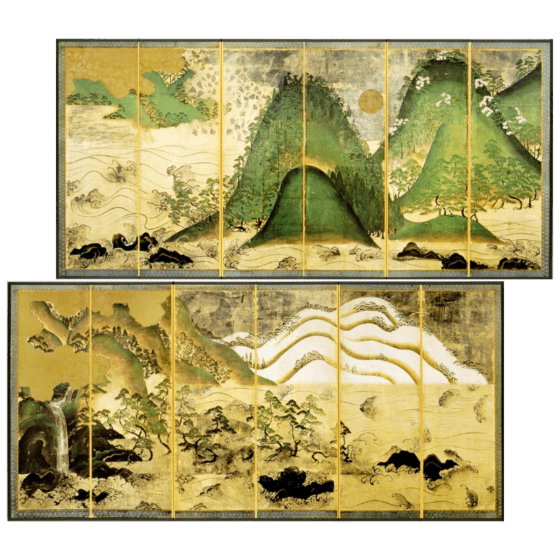 縮小屏風　〈国宝　日月山水図屏風〉 楽天市場】縮小屏風〈国宝 日月四季山水図屏風〉 : 京都便利堂 楽天市場店
