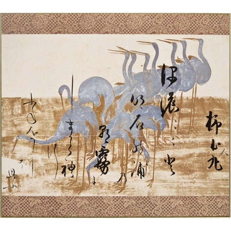 昭和レトロ 水墨画 骨董品 絵画 日本画 アート 美術 色紙〈重文 鶴下絵三十六歌仙和歌巻 (柿本人麻呂)〉書：本阿弥光悦 画