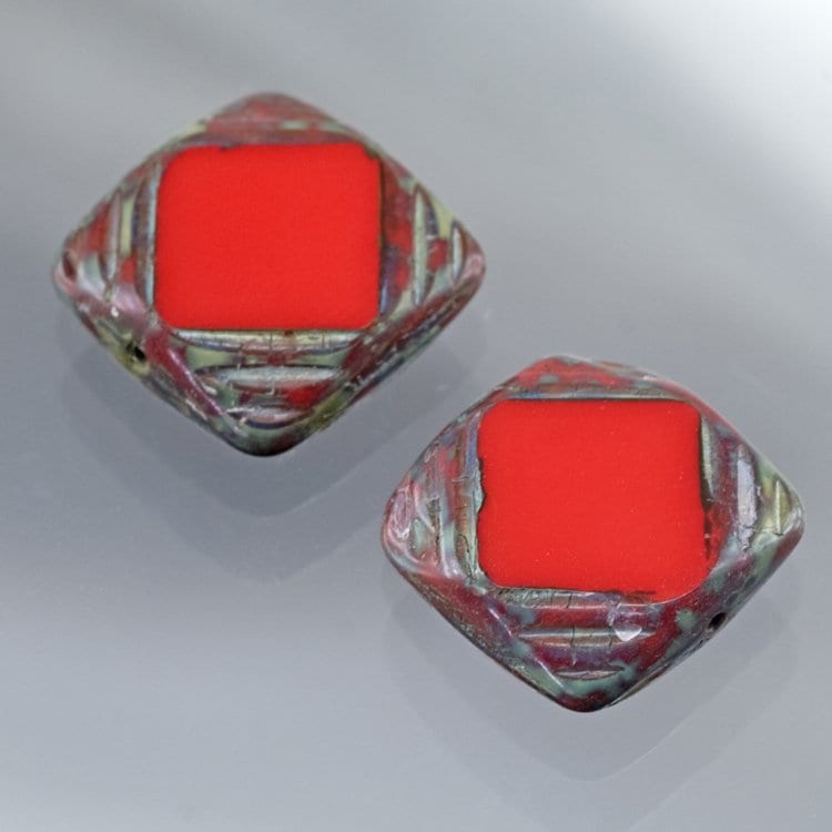 【アウトレット】チェコビーズ FP ウィンドウ15mm オパックレッドトラバティン ファイアポリッシュ ガラス ビーズ アクセサリー ハンドメイド パーツ 手芸|テーブルカット|チェコビーズ