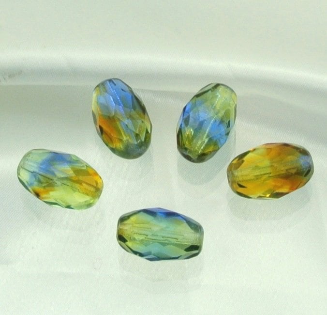 チェコビーズ FP オリーブカット15/10mm マルチグリーン ファイアポリッシュ ガラス ビーズ アクセサリー ハンドメイド パーツ 手芸|ファイアポリッシュ変形|チェコビーズ