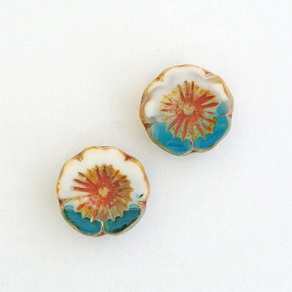 大人気 チェコビーズ ハワイアンフラワー14×14mm ホワイトブルーピカソ