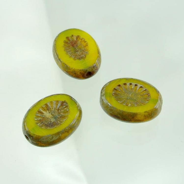 チェコビーズ FP アネモネ14/10mm イエローオパールトラバティン ファイアポリッシュ ガラス ビーズ アクセサリー ハンドメイド パーツ 手芸|テーブルカット|チェコビーズ