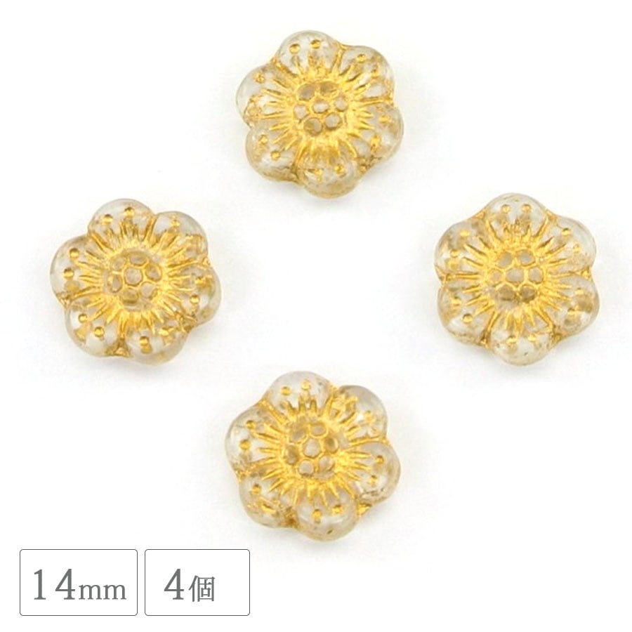 大人気 チェコビーズ プラム 14mm 4個 クリスタル&ゴールド 花