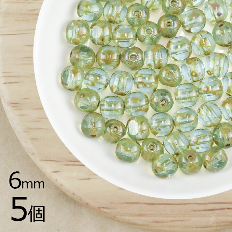 【5個】3面テーブルカット 3面テーブルカット 柄入りグリーン 緑系 グリーン 約6mm ハンドメイド 手芸 材料 ピアス ネックレス チェコガラス|テーブルカット|チェコビーズ