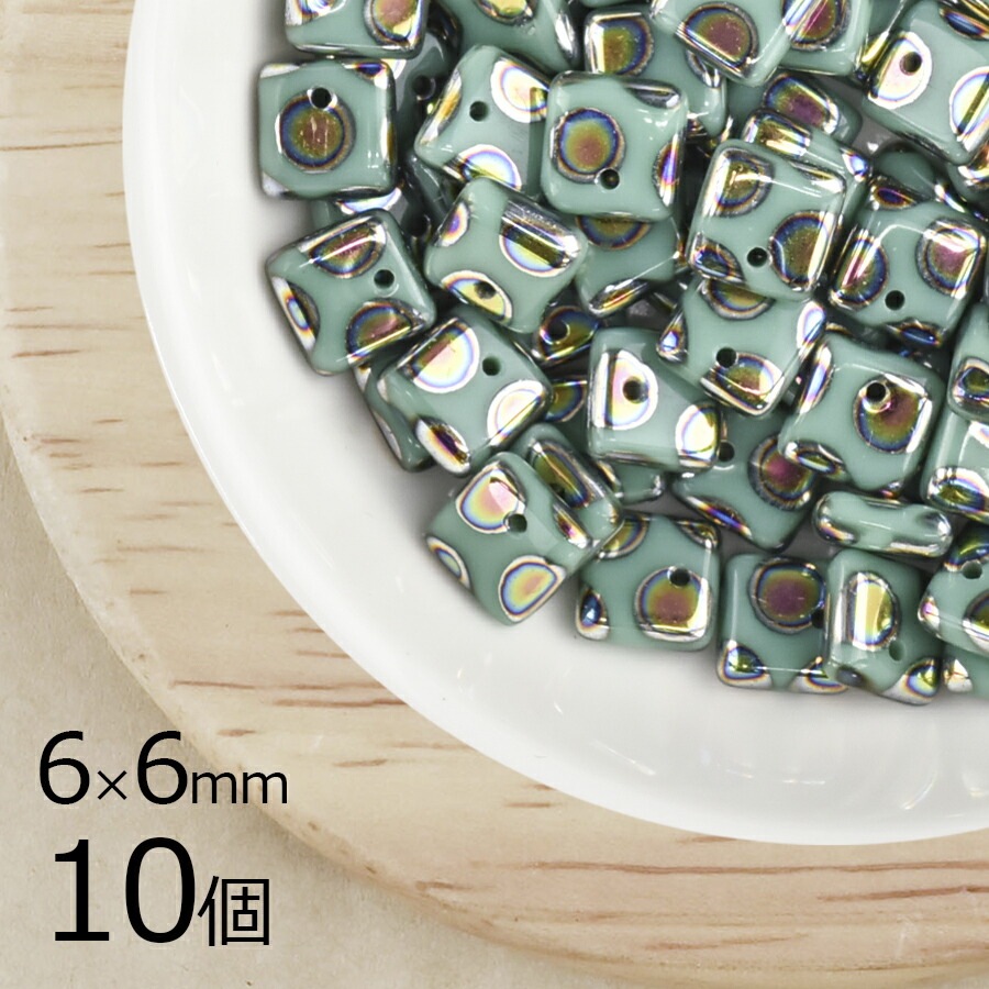 【10個】チェコビーズ スクエア 四角 ターコイズドット 青系 ブルー 約6mm×6mm ハンドメイド 手芸 材料 ピアス ネックレス チェコガラス|チェコビーズ