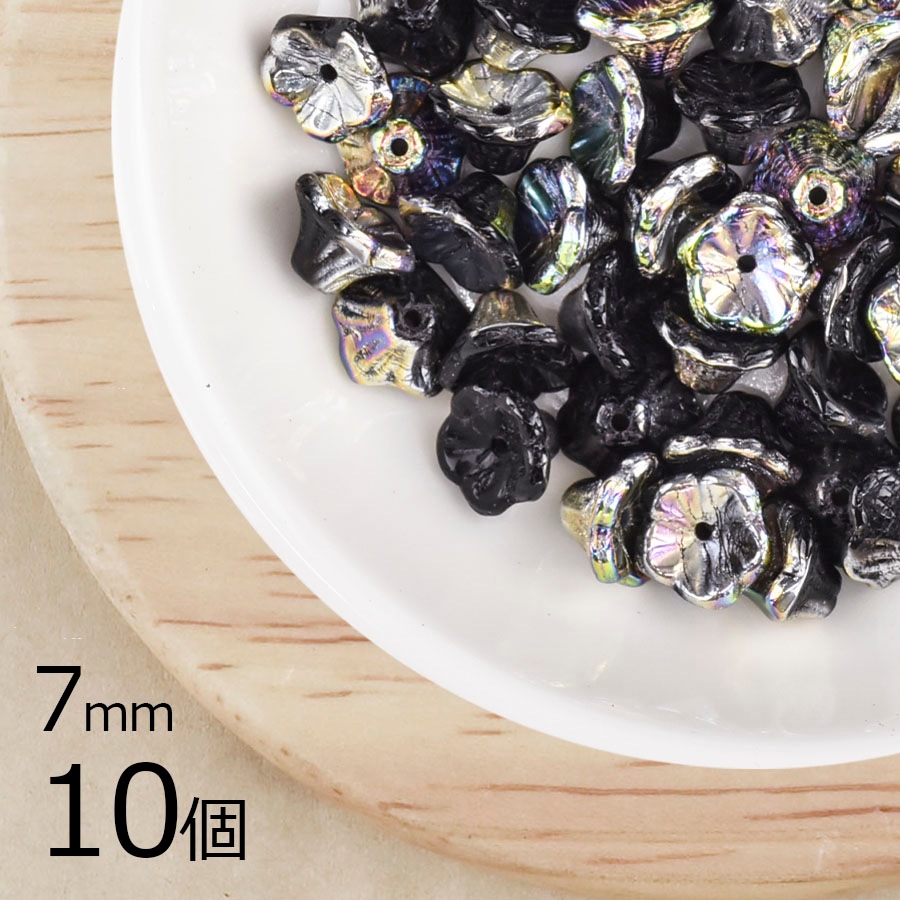 【10個】チェコビーズ ベルフラワー 花 メタリックブラック 黒系 7mm ハンドメイド 手芸 材料 ピアス ネックレス チェコガラス|フラワー&リーフ|チェコビーズ