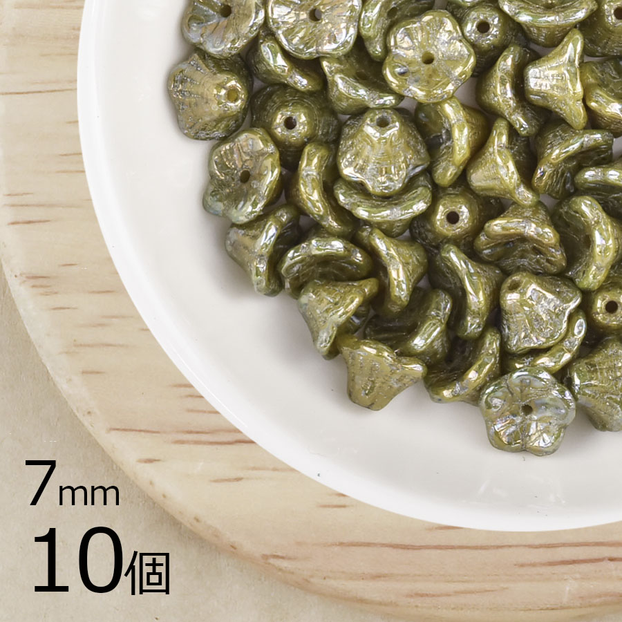 【10個】チェコビーズ ベルフラワー 花 グリーンマーブル 緑系 7mm ハンドメイド 手芸 材料 ピアス ネックレス チェコガラス|フラワー&リーフ|チェコビーズ