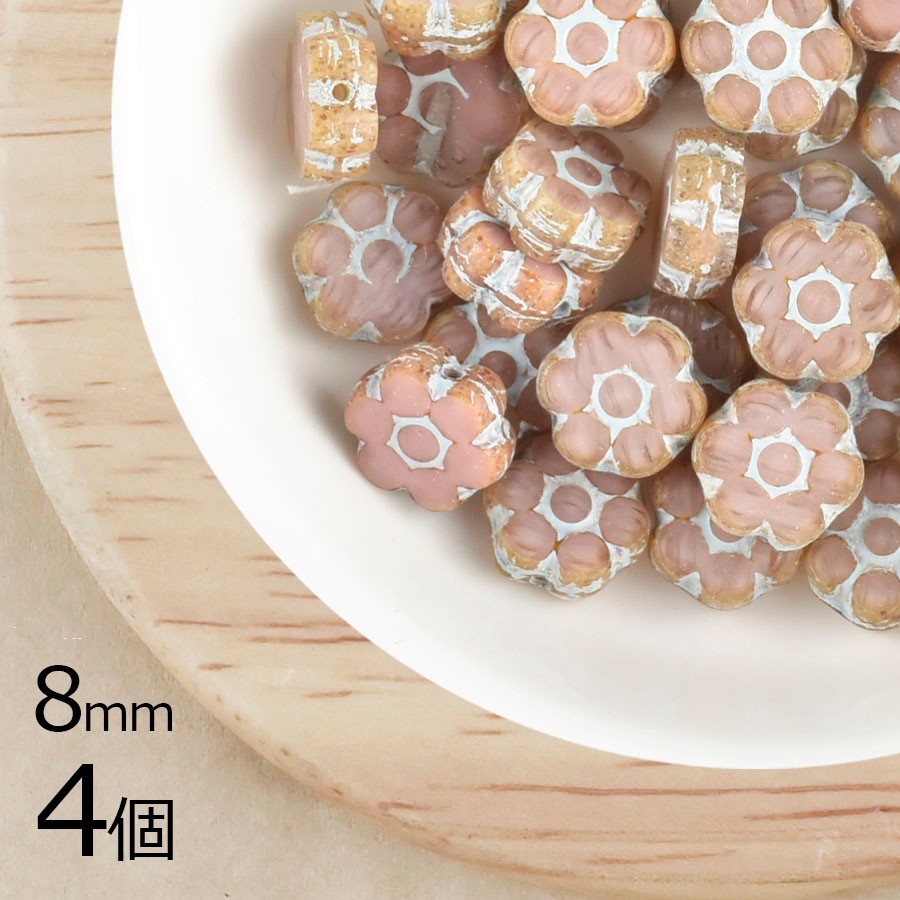 【4個】フラワー フラワー パナマローズ ローズ ピンク系  8mm ハンドメイド 手芸 材料 ピアス ネックレス チェコガラス|フラワー&リーフ|チェコビーズ