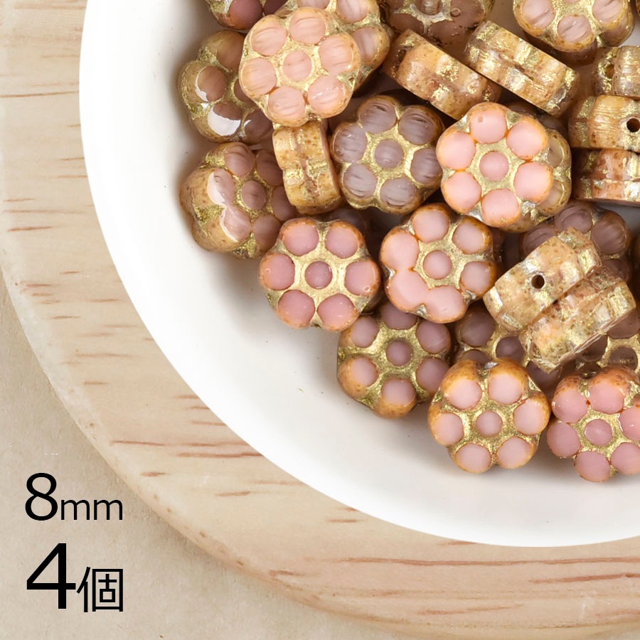 【4個】フラワー フラワー パナマローズ ローズゴールド ピンク系 ピーチ  8mm ハンドメイド 手芸 材料 ピアス ネックレス チェコガラス|フラワー&リーフ|チェコビーズ