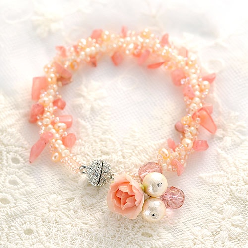 天然石のスパイラルロープブレスレット インカローズ 【作家：NARUMIDO