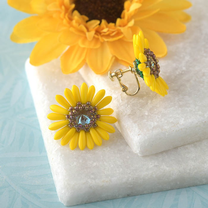 一点物 可愛い ピンク向日葵大柄フォッシルコーラルピアスチャーム·͜