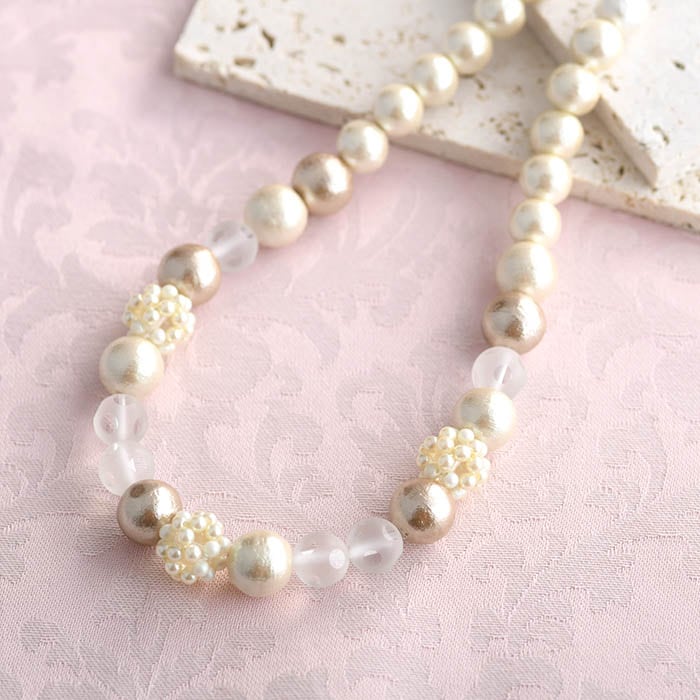 水玉水晶とコットンパールネックレス 【作家：中村道子（プロヴァンス