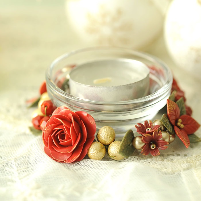 完成品】 ポインセチアと薔薇のキャンドルホルダー 【作家:NARUMIDO 完成品】 ポインセチアと薔薇のキャンドルホルダー 【作家:NARUMIDO